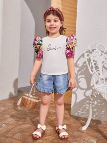 SHEIN Toddler Girls Letter Graphic Puff Sleeve Tee - Multicolor - View 5