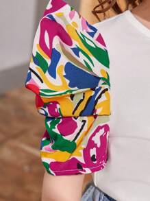 SHEIN Toddler Girls Letter Graphic Puff Sleeve Tee - Multicolor - View 6
