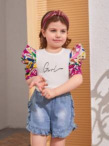 SHEIN Toddler Girls Letter Graphic Puff Sleeve Tee - Multicolor - View 4