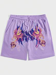 ROMWE MEN Street Life 男士骷髅頭圖案腰部抽繩短褲 - 淡紫色 - 查看 1