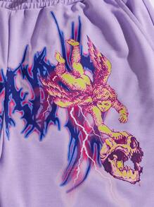 ROMWE MEN Street Life 男士骷髅頭圖案腰部抽繩短褲 - 淡紫色 - 查看 3