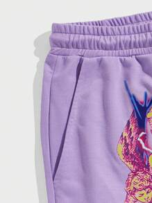 ROMWE MEN Street Life 男士骷髅頭圖案腰部抽繩短褲 - 淡紫色 - 查看 4