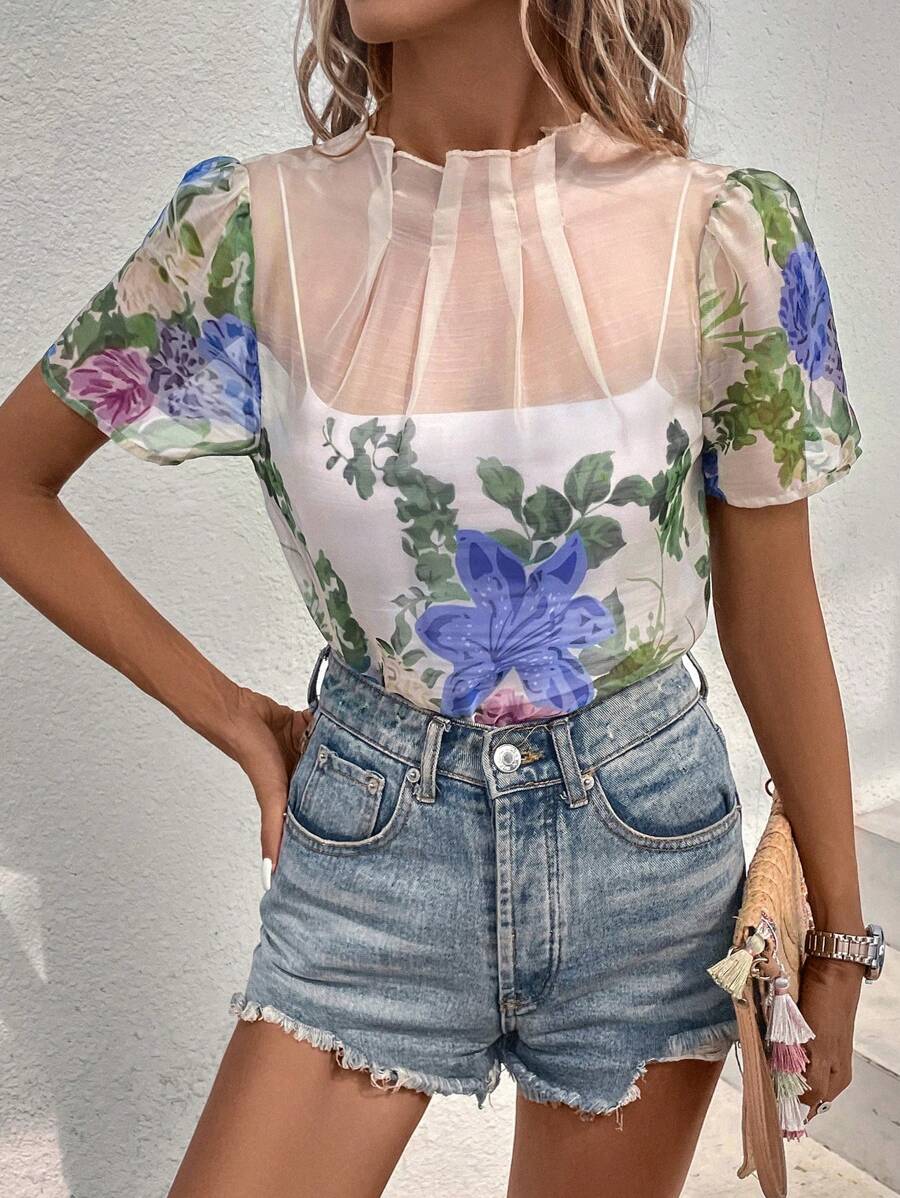 SHEIN Privé 印花泡泡袖小高領襯衫不附吊帶上衣 - 彩色 - 查看 1