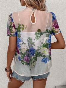 SHEIN Privé 印花泡泡袖小高領襯衫不附吊帶上衣 - 彩色 - 查看 2