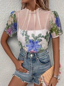 SHEIN Privé 印花泡泡袖小高領襯衫不附吊帶上衣 - 彩色 - 查看 3