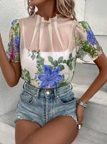 SHEIN Privé 印花泡泡袖小高領襯衫不附吊帶上衣 - 彩色 - 查看 4