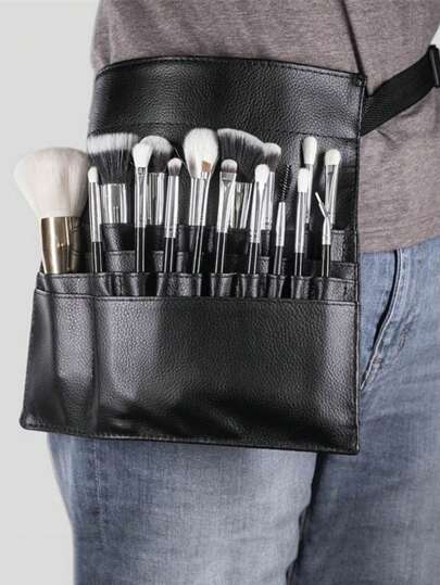1 pieza Bolsa de cosméticos de gran capacidad negra, bolsa de cintura, bolsa de brochas de maquillaje con cinturón para maquillaje profesional
