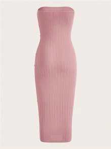 SHEIN Privé 素色木耳邊抹胸緊身連衣裙 - 淺粉色 - 查看 2
