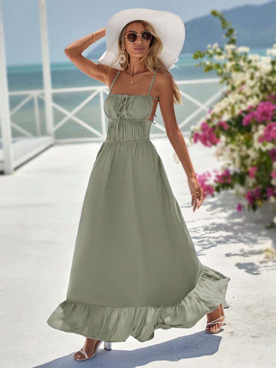 Vivid Eden Open Back Tie Front Ruffle Hem Cami Dress,Vacation Outfits Woman, Beach Outfits For Woman, Vacation Style - Mint Green - View 1