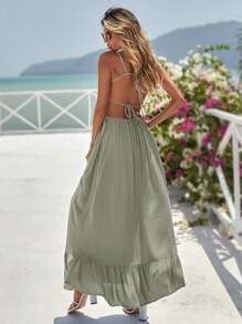 Vivid Eden Open Back Tie Front Ruffle Hem Cami Dress,Vacation Outfits Woman, Beach Outfits For Woman, Vacation Style - Mint Green - View 2