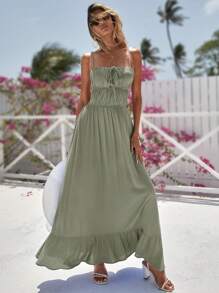 Vivid Eden Open Back Tie Front Ruffle Hem Cami Dress,Vacation Outfits Woman, Beach Outfits For Woman, Vacation Style - Mint Green - View 3