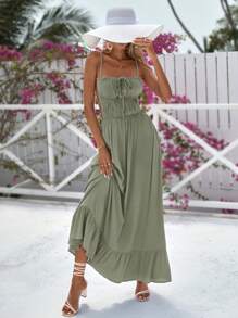 Vivid Eden Open Back Tie Front Ruffle Hem Cami Dress,Vacation Outfits Woman, Beach Outfits For Woman, Vacation Style - Mint Green - View 5