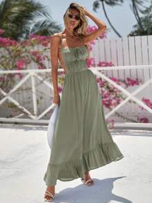 Vivid Eden Open Back Tie Front Ruffle Hem Cami Dress,Vacation Outfits Woman, Beach Outfits For Woman, Vacation Style - Mint Green - View 6