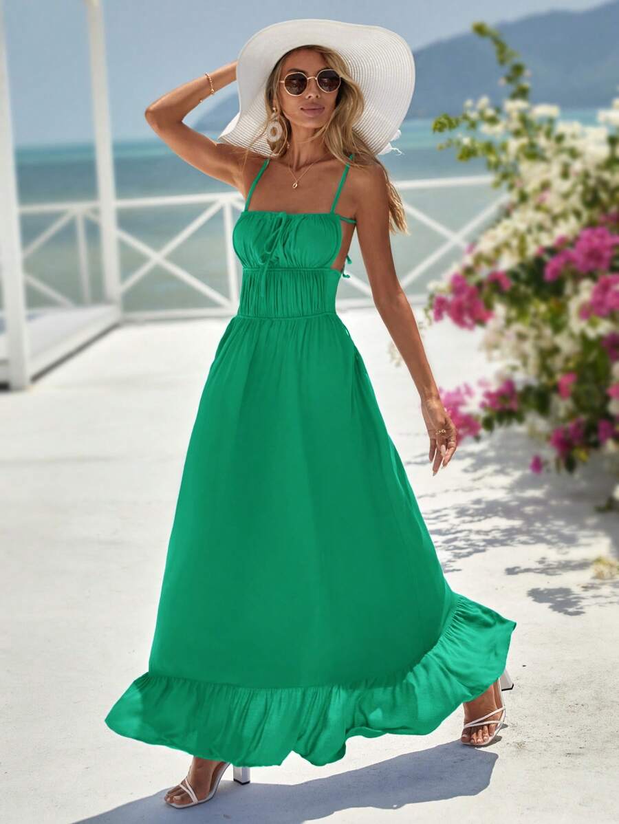 SHEIN VCAY 後背繫帶荷葉邊吊帶連衣裙 - 綠色 - 查看 1