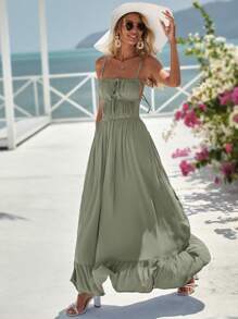 Vivid Eden Open Back Tie Front Ruffle Hem Cami Dress,Vacation Outfits Woman, Beach Outfits For Woman, Vacation Style - Mint Green - View 8