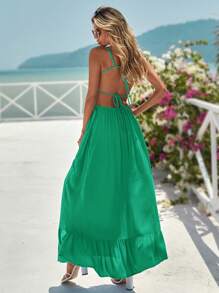 SHEIN VCAY 後背繫帶荷葉邊吊帶連衣裙 - 綠色 - 查看 2