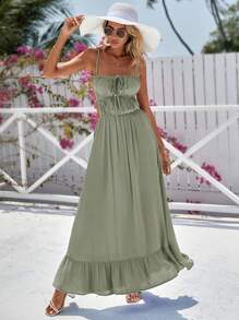 Vivid Eden Open Back Tie Front Ruffle Hem Cami Dress,Vacation Outfits Woman, Beach Outfits For Woman, Vacation Style - Mint Green - View 9