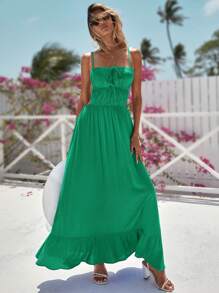 SHEIN VCAY 後背繫帶荷葉邊吊帶連衣裙 - 綠色 - 查看 3