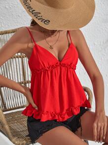 Soleia Frill Trim Ruffle Hem Cami Top - Red - View 1