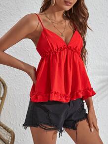 Soleia Frill Trim Ruffle Hem Cami Top - Red - View 3