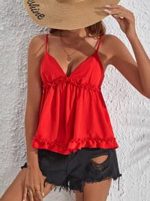 Soleia Frill Trim Ruffle Hem Cami Top - Red - View 4