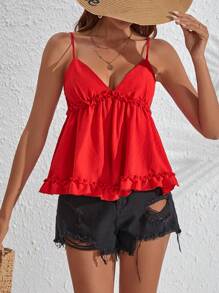 Soleia Frill Trim Ruffle Hem Cami Top - Red - View 5