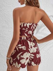 KARISMINA Floral Print Tie Front Tube Top & Shorts - Maroon - View 8