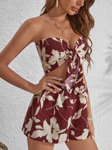 KARISMINA Floral Print Tie Front Tube Top & Shorts - Maroon - View 10