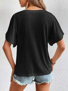 SHEIN LUNE Solid Butterfly Sleeve V Neck Tee,Casual - Black - View 2