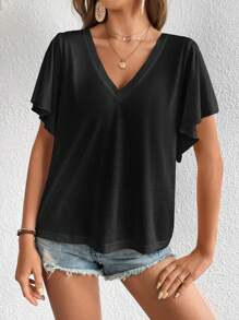SHEIN LUNE Solid Butterfly Sleeve V Neck Tee,Casual - Black - View 3