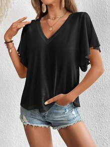 SHEIN LUNE Solid Butterfly Sleeve V Neck Tee,Casual - Black - View 5