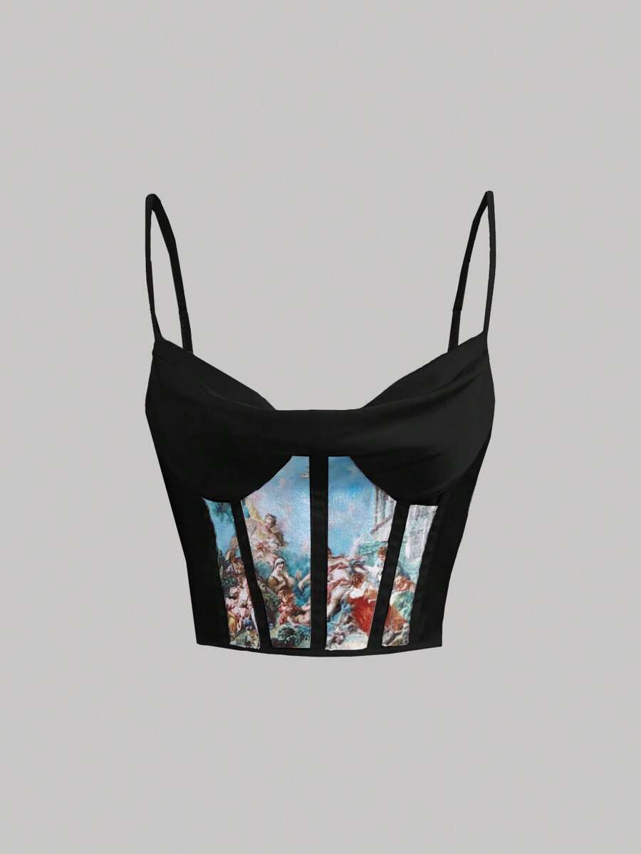 SHEIN MOD 人像圖案緊身吊帶 - 黑色 - 查看 1