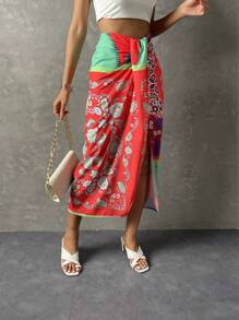 SHEIN Holidaya Váy nữ Vắt Dây kéo Tách cao Paisley Boho - Màu xanh Bạc hà - Xem 4