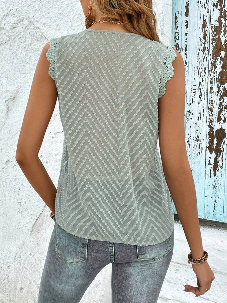 SHEIN Frenchy Camisa sin manga ribete con encaje con botón delantero - Verde - Ver 2