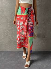 SHEIN Holidaya Váy nữ Vắt Dây kéo Tách cao Paisley Boho - Màu xanh Bạc hà - Xem 6