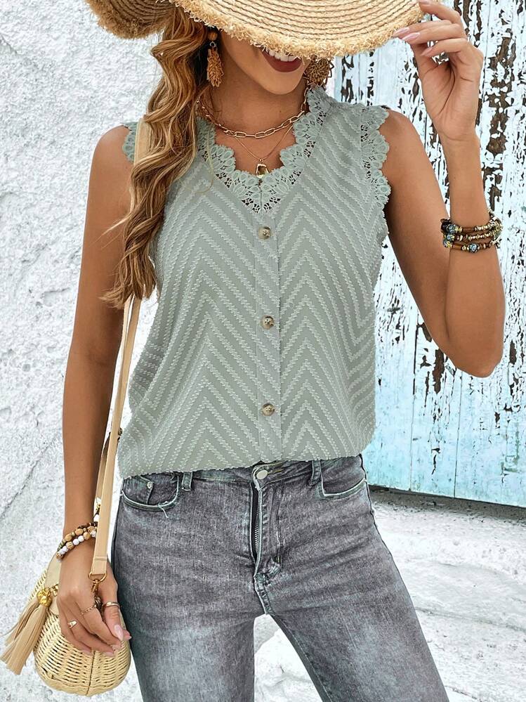 SHEIN Frenchy Camisa sin manga ribete con encaje con botón delantero - Verde - Ver 4