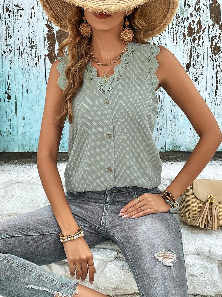 SHEIN Frenchy Camisa sin manga ribete con encaje con botón delantero - Verde - Ver 5