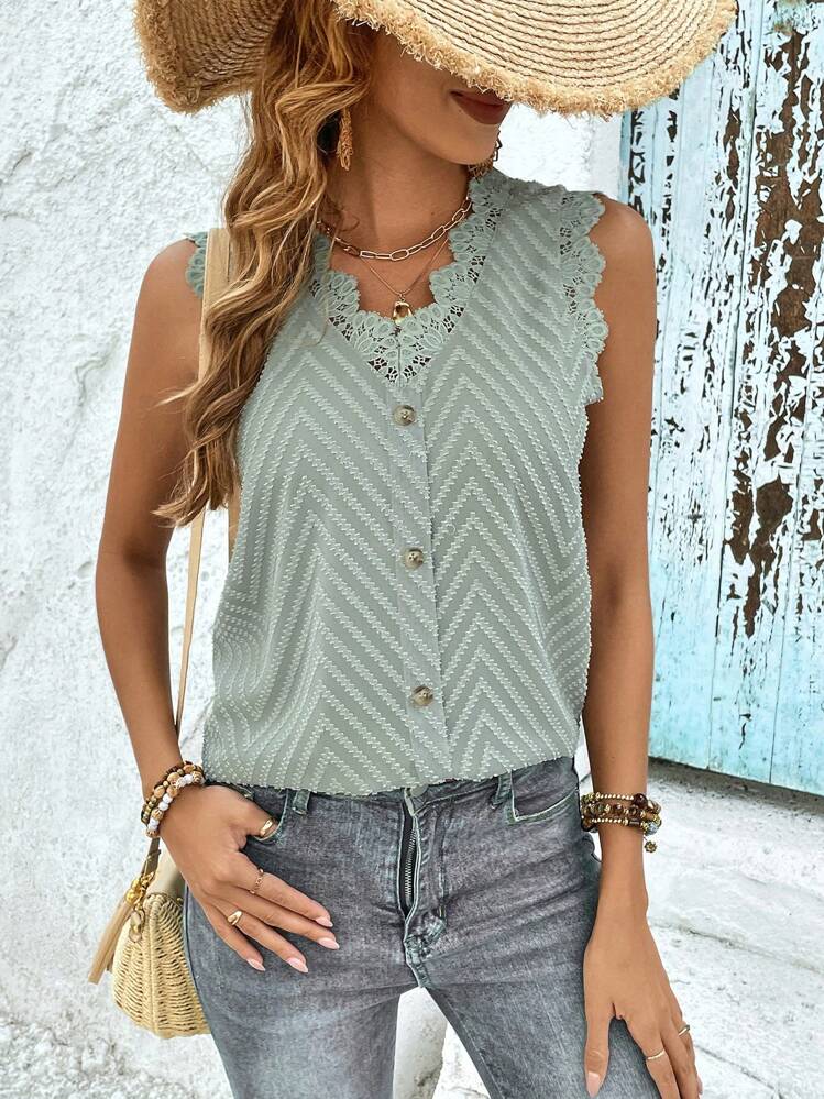 SHEIN Frenchy Camisa sin manga ribete con encaje con botón delantero - Verde - Ver 7