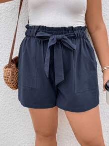 SHEIN LUNE 加大码纸袋腰带短裤舒适 - 藏蓝色 - 查看 5