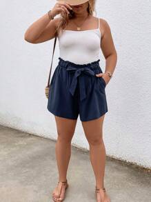 SHEIN LUNE 加大码纸袋腰带短裤舒适 - 藏蓝色 - 查看 6