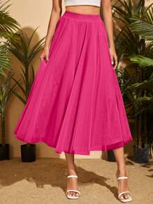 SHEIN Privé 素色網紗覆蓋喇叭半身裙 - 玫紅色 - 查看 1