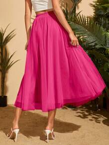 SHEIN Privé 素色網紗覆蓋喇叭半身裙 - 玫紅色 - 查看 2