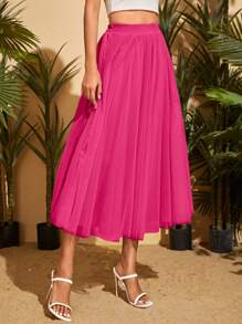 SHEIN Privé 素色網紗覆蓋喇叭半身裙 - 玫紅色 - 查看 3