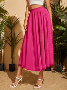 SHEIN Privé 素色網紗覆蓋喇叭半身裙 - 玫紅色 - 查看 4