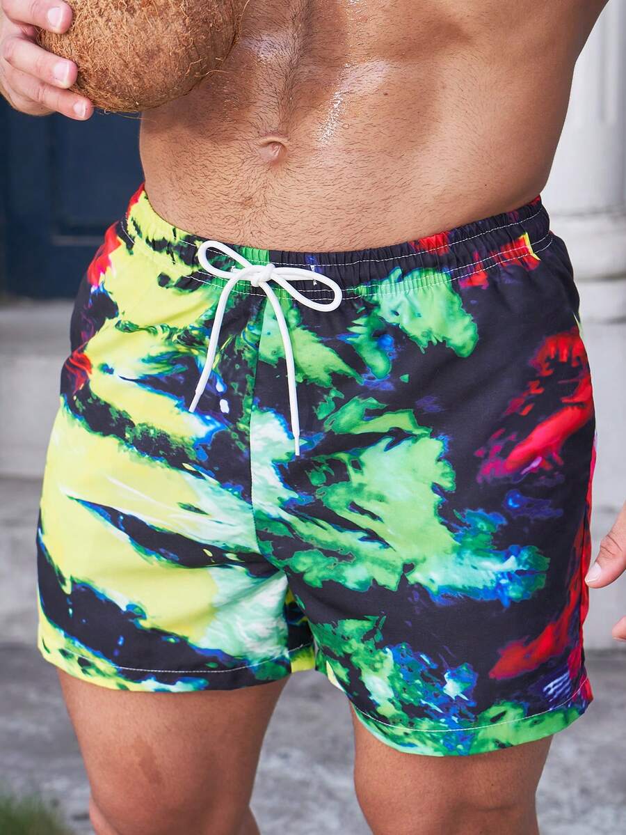 Manfinity Hombres Shorts de natación de tie dye de cintura con cordón - Multicolor - Ver 1