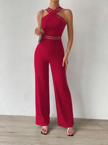 Chiquease Crisscross Front Wide Leg Jumpsuit - Red - View 1