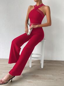 Chiquease Crisscross Front Wide Leg Jumpsuit - Red - View 3