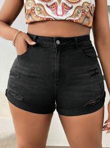 SHEIN SXY Shorts en mezclilla desgarro bajo de doblez