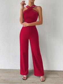 Chiquease Crisscross Front Wide Leg Jumpsuit - Red - View 4