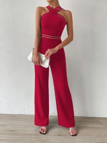 Chiquease Crisscross Front Wide Leg Jumpsuit - Red - View 6
